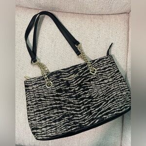 Karl Largerfeld Black & Beige Shoulder Bag with Gold tone hardware